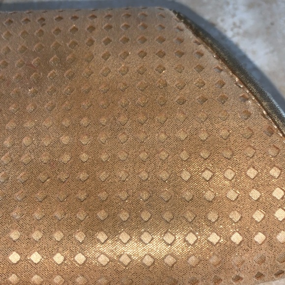 RODO metallic gold clutch, laser cut suede over satin, “kiss” lock. - Picture 7 of 17